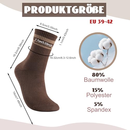 Utensilsto 6 Paar Socken Damen 39-42 Tennissocken Baumwollsocken Sportsocken Damen Socken mit Streifen Motiv Strümpfe Crew Socks für Tennis Lauf Sport Alltag Freizeit weiß,schwarz, braun, grau, beige