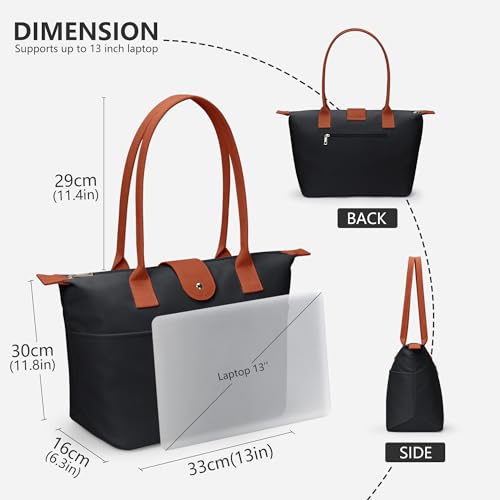 Image of Tote Bag for Women, Casual Hobo Foldable Shoulder Zipper Handbag | Water Repellent Nylon with Leather Handles Fit 15 inch Laptop for Work Weekender Travel Commute