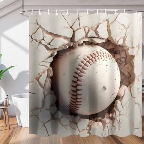Mexpekil Duschvorhang mit Haken, weißer Baseball zertrümmert die Wand, wasserdichtes Polyestergewebe, Duschvorhänge, 122 x 183 cm, maschinenwaschbar, ideal für Badewannen, Badezimmer, Heimdekoration