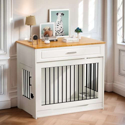 DAWNYIELD Meuble pour Cage de Chien, Cage en Bois avec Porte Coulissante et Tiroir, Meuble D'intérieur pour Chien, Table D'appoint avec Gamelle Pivotante à...