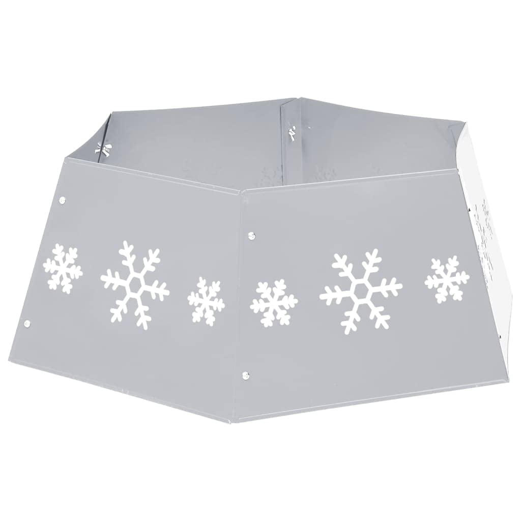 Jupe de Sapin de Noël en métal argenté et Blanc avec Motif de Neige, diamètre 68 cm Hauteur 25 cm, décoration saisonnière pour Pied d'arbre, Salon, Maison et fête hivernale