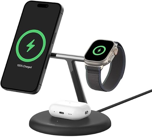 صورة منصة شحن مغناطيسية لاسلكية 3 في 1 بيلكن بوست تشارج برو (Belkin BoostCharge Pro) بتقنية Qi2 بزاوية قابلة للتعديل – للآيفون وساعة آبل وايربودز مع محول طاقة 36W وكابل USB-C (أسود) - الهواتف وإكسسواراتها