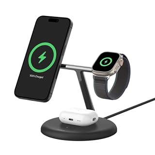 صورة منصة شحن مغناطيسية لاسلكية 3 في 1 بيلكن بوست تشارج برو (Belkin BoostCharge Pro) بتقنية Qi2 بزاوية قابلة للتعديل – للآيفون وساعة آبل وايربودز مع محول طاقة 36W وكابل USB-C (أسود)