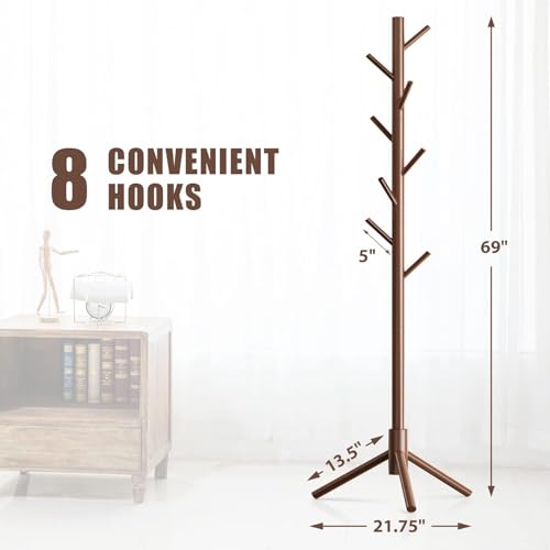 Image of Ash & Roh Natural Wooden Coat Rack Stand With Hooks Adjustable Height, Easy Assembly, Sturdy Solid Base for Coats, Hats, Handbags Entryway, Hallway, Bedroom, Office (Walnut, 92-2)