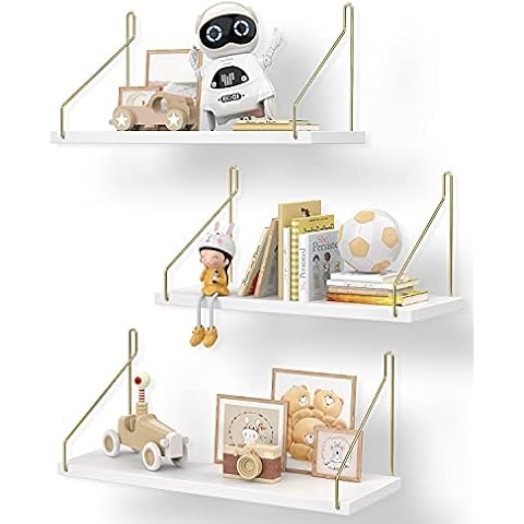aopow White Floating Shelves for Wall - Set of 3 Hanging Wood Shelf & Wall Mounted Long Wide Deep Rustic Wooden Shelves with Gold Metal Brackets Modern for Bedroom Bathroom Living Room Cover