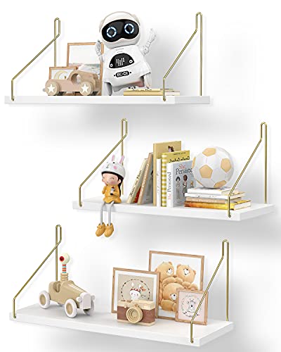 Image of aopow White Floating Shelves for Wall - Set of 3 Hanging Wood Shelf & Wall Mounted Long Wide Deep Rustic Wooden Shelves with Gold Metal Brackets Modern for Bedroom Bathroom Living Room