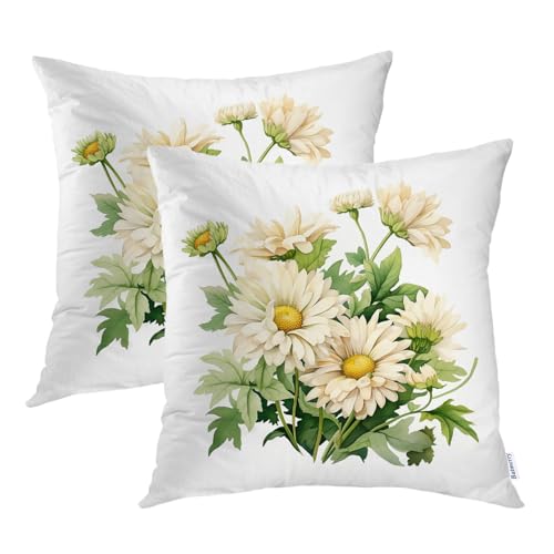 Batmerry Beautiful Flowers Throw Pillow Covers, Bouquet White Daisies Decorative Pillow Covers Digital Printing Blended for Couch Sofa Bed Invisible Zipper 20X20 in(Set of 2)