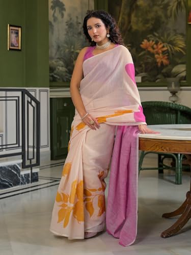 Image of SIRIL Women's Cotton Linen Printed Zari Border Saree with Unstitched Blouse Piece
