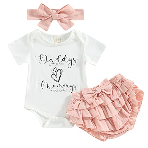 Image of Zoiuytrg Infant Baby Girl Father's Day Clothes Daddy's Little Girl Romper Tops Ruffle Leopard Bottom Shorts with Headband