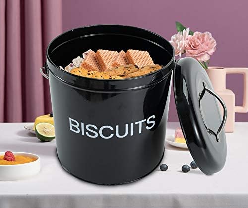 Home Basics Biscuits Tin Canister,Retro Style Airtight Metal Biscuit Tin with Handle, Cookies Storage Tin or Candy Box Black