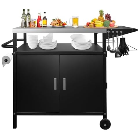 POPMOON 35" H Outdoor Grill Cart with Wheels-Outdoor Grill Cart with Storage Outdoor Kitchen Island for Grill Stainless Steel Grill Cart with Wheels for Outside BBQ,Patio,Backyard Cover