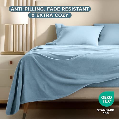 Image of Bare Home Super Soft Fleece Sheet Set (King, Light Blue) | Extra Plush Polar Fleece, No-Pilling Bed Sheets, All-Season, Cozy Warmth, Deep Pockets 6 to 15 Inches