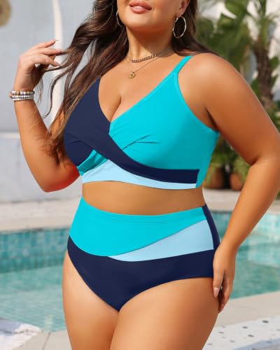 Image of Tempt Me Plus Size High Waisted Two Piece Swimsuit Color Block Bikini Set | Removable Padded Cups for Large Bust, Twist front Design, Color Block Style, Adjustable Straps