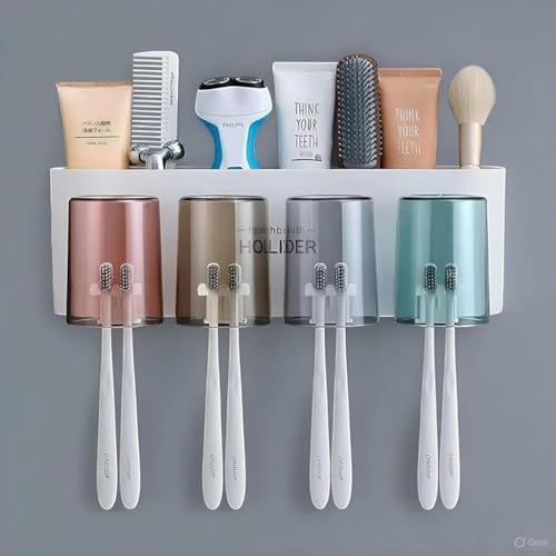 Wall Mounted Toothbrush Holder | Bathroom Toothbrush Organizer with Magnetic Mouthwash Cups | Multi-Compartment, Dustproof & BPA-Free Brush Holder for Bathroom Storage