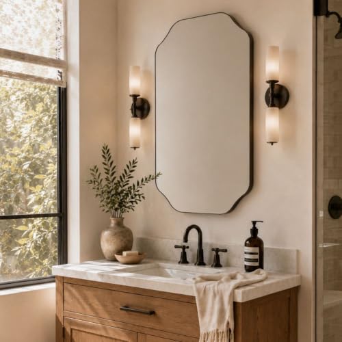 Image of TEHOME 24x40'' Scalloped Black Bathroom Vanity Mirror, Matt Black Rectangle Metal Framed Bathroom Mirror