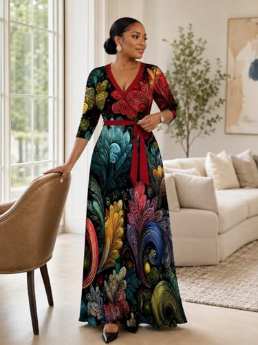 Image of PinkPatty Plus Size Maxi Dress for Women Casual V Neck 3 /4 Sleeve Boho Printed Long Dress with Pockets