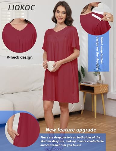 Image of Hospital Gowns for Women Open Back Tear Away Snap Post shoulder Dress Short Sleeve Soft Adaptive Clothing with Pockets