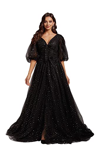 Smileven Women's Sparkle Starry Tulle Prom Dresses Puffy Sleeve Slit Formal Evening Party Gowns