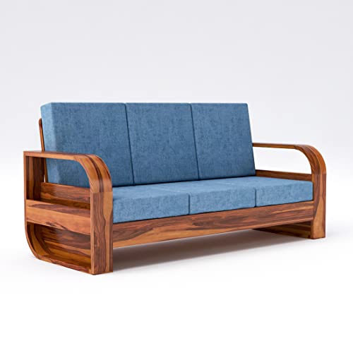 Image of Douceur Furnitures Solid Sheesham Wood 3 Seater Sofas | Three Seater Sofa for Living Room, Cafe, Office | (Honey Teak Cushion Sky Blue)