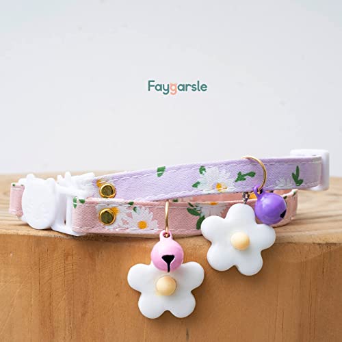 2 Pack Cotton Breakaway Cat Collars with Bell Flower Charms Kitty Kitten Collars Pink Purple Collar for Female Girl Cats… - Image 5