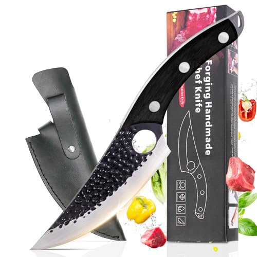 FaraNap Chef Knife, Boning Knife for Meat Cutting, Viking knife with sheath,Hand Forged Japanese Knife,Kitchen Knives For Home, Outdoor Cooking, Camping BBQ (Black) by FaraNap - Used condition - US$20.94