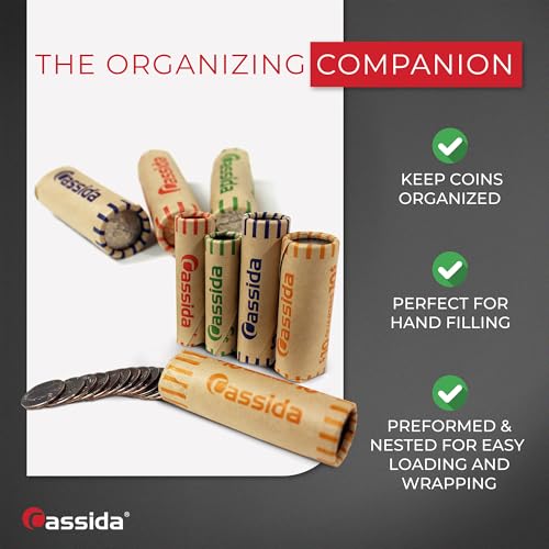Image of Cassida Preformed Coin Roll Wrappers. 100 Assorted Pack (Penny, Nickel, Dime, Quarter) Durable Preformed Paper Tubes Crimped on One End - Federal Reserve and ABA Standards (A-CWAP)