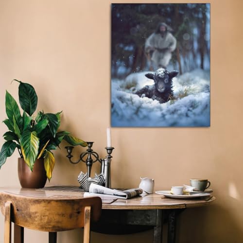 Image of Jesus and Lamb Canvas Wall Art Jesus Runs for the Lost Sheep In Winter Forest Picture Wall Art Canvas Print Christian Home Decor 12x16 inch