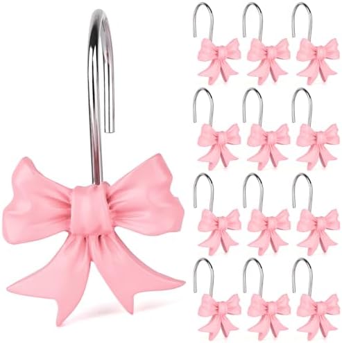 12pcs Bow Knot Shower Curtain Hooks,Home Decorative Shower Curtain Rings for Bathroom,Resin Shower Curtain Hangers Bathroom Accessories (Pink)