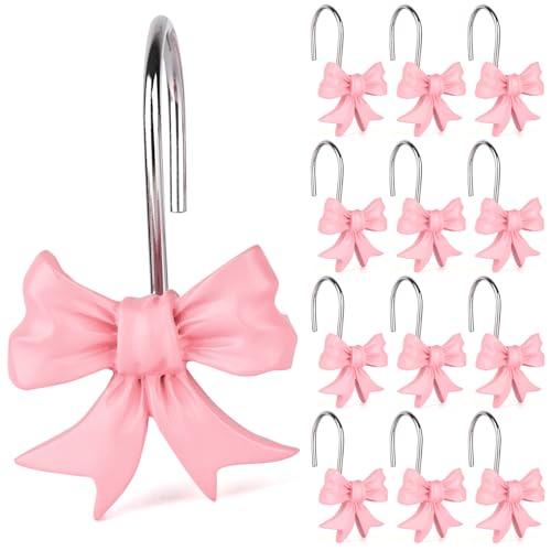 12pcs Bow Knot Shower Curtain Hooks Home Decorative Shower Curtain Rings for Bathroom Resin Shower Curtain Hangers Bathroom Accessories (Pink)