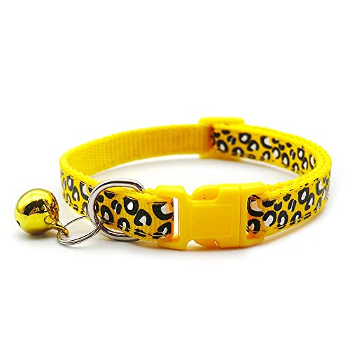 Small Dog Puppy Pet Collar Leopard Animal Print Design with Bell Nylon Adjustable Size 19-32cm Yellow - Image 2