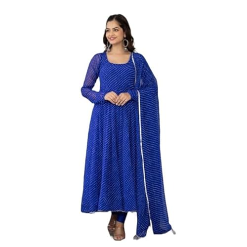 Image of Modestouze Attires Women's Rayon Printed Kurta Set | U Neck Full Sleeve Fit Flared Anarkali Kurti and Print Dupatta