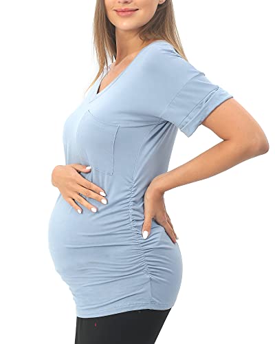 Rnxrbb Women Maternity Shirts Summer Tops Pregnancy Clothes Short Sleeve V Neck 3 Pack Tshirt,Stripe Black Blue M #TOP1