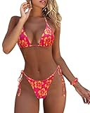 MOSHENGQI Women Sexy Brazilian Bikini 2 Piece Spaghetti Strap Top Thong Swimsuit Bathing Suit(S,Pink Flower)