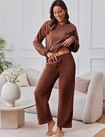 Ekouaer Damen Schlafanzug Lang Fleece Pyjama Set Winter Hausanzug Braun 2XL – Ansicht 2