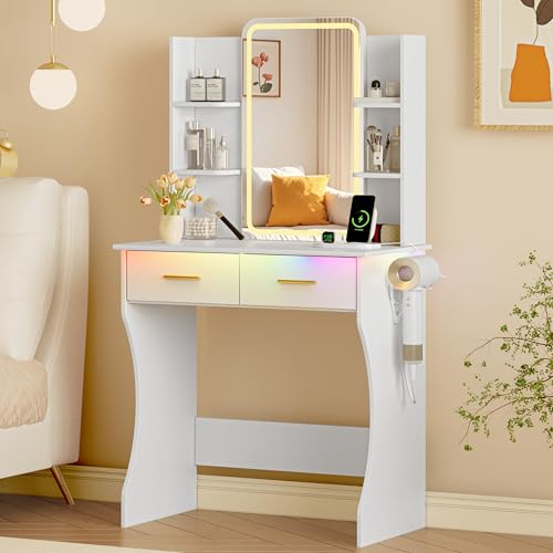 Image of Xixini Vanity Desk with LED Lights Mirror & Power Outlet, Small Makeup Vanity Table Set with Storage Drawers, 3 Lighting Modes & Adjustable Brightness, Dressing Table for Women Girls Bedroom, White