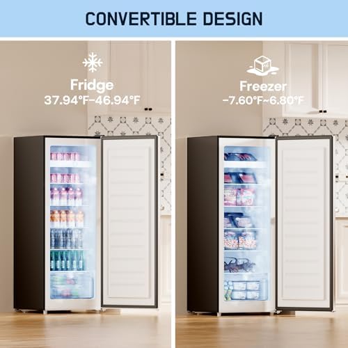 Upstreman 7.0 Cu.Ft Upright Freezer, Large Capacity Stand Up Freezers with 5 Adjustable Shelves, Convertible Refrigerator/Freezer, Reversible Door for Home, Basement, Apartment (Stainless)