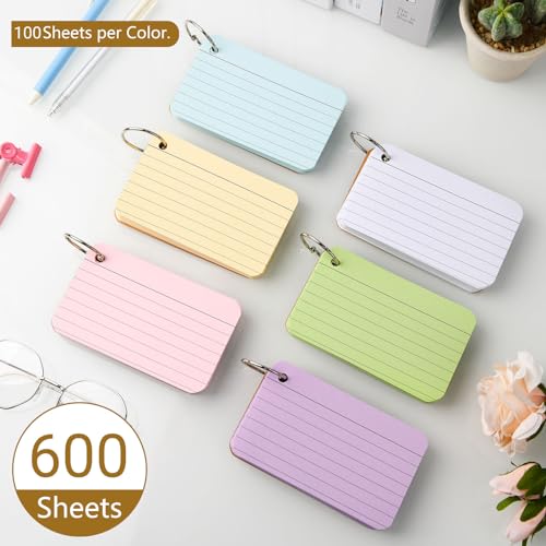 zmybcpack 6 Pack Lined Index Cards 3 x 5 Inches, 600 Pcs Colored Ruled Index Flashcards Lined Flash Cards with Rings for Study, Office and Home 4