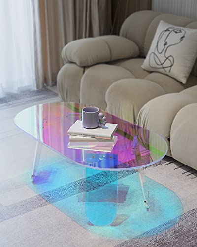 Acrylic Coffee Table, Iridescent Glass End Table Round Side Table For Home Living Room Office Reception #TOP1