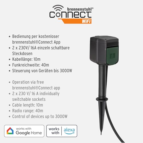 Brennenstuhl Connect WiFi Garten-Steckdose/Außensteckdose 2-Fach mit Erdspieß und Montageplatte (2.4 GHz kompatibel mit Alexa und Google Assistant, Zeitschaltuhr mit Tages- und Wochenprogramm, 10m)