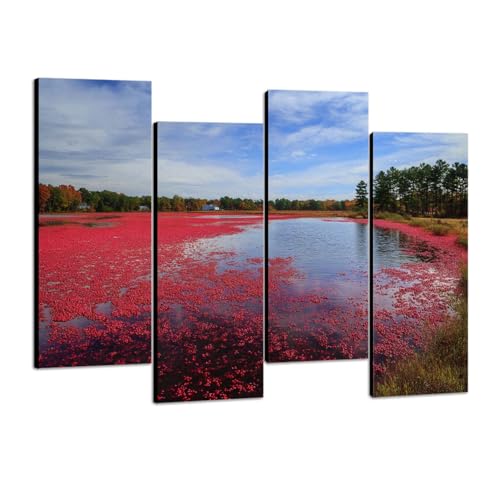 4 Pcs Canvas Wall Art Cranberries float bog Photo Prints Realism Stretched and Framed Artworks Modern Wall Decor for Living Room Bedroom Office