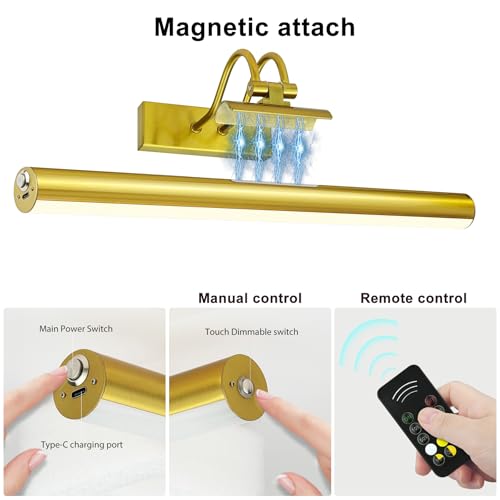 Image of Picture Light,Magnetic Wall Lights 5000mAh,16 inch Art Light for Painting,Brass | Picture Lights for Wall Rechargeable,Remote Timer and Dimmer Gallery Light,Metal Gallery Light for Portrait Display Frame