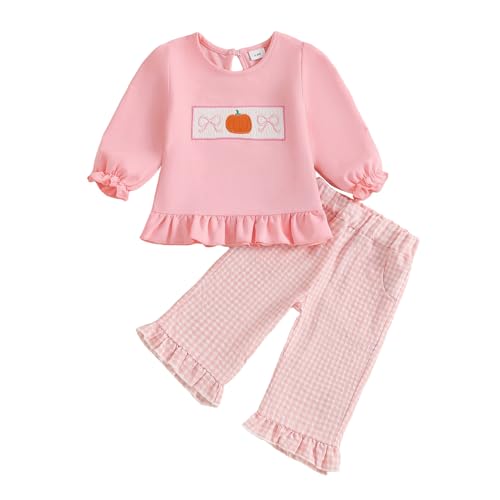 Toddler Baby Girl Halloween Outfit Smocked Pumpkin Long Sleeve Ruffle Sweatshirt Plaid Pants Set 2Pcs Fall Clothes