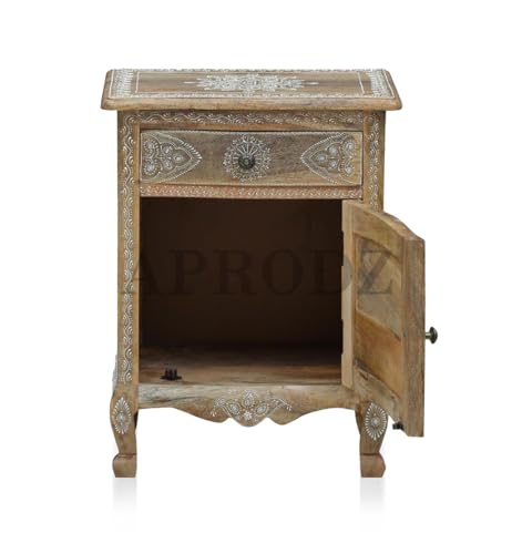 Image of APRODZ Wooden Handpainted Side Table with Door & Drawer Storage Portable Bedside End Table (Multicolor)