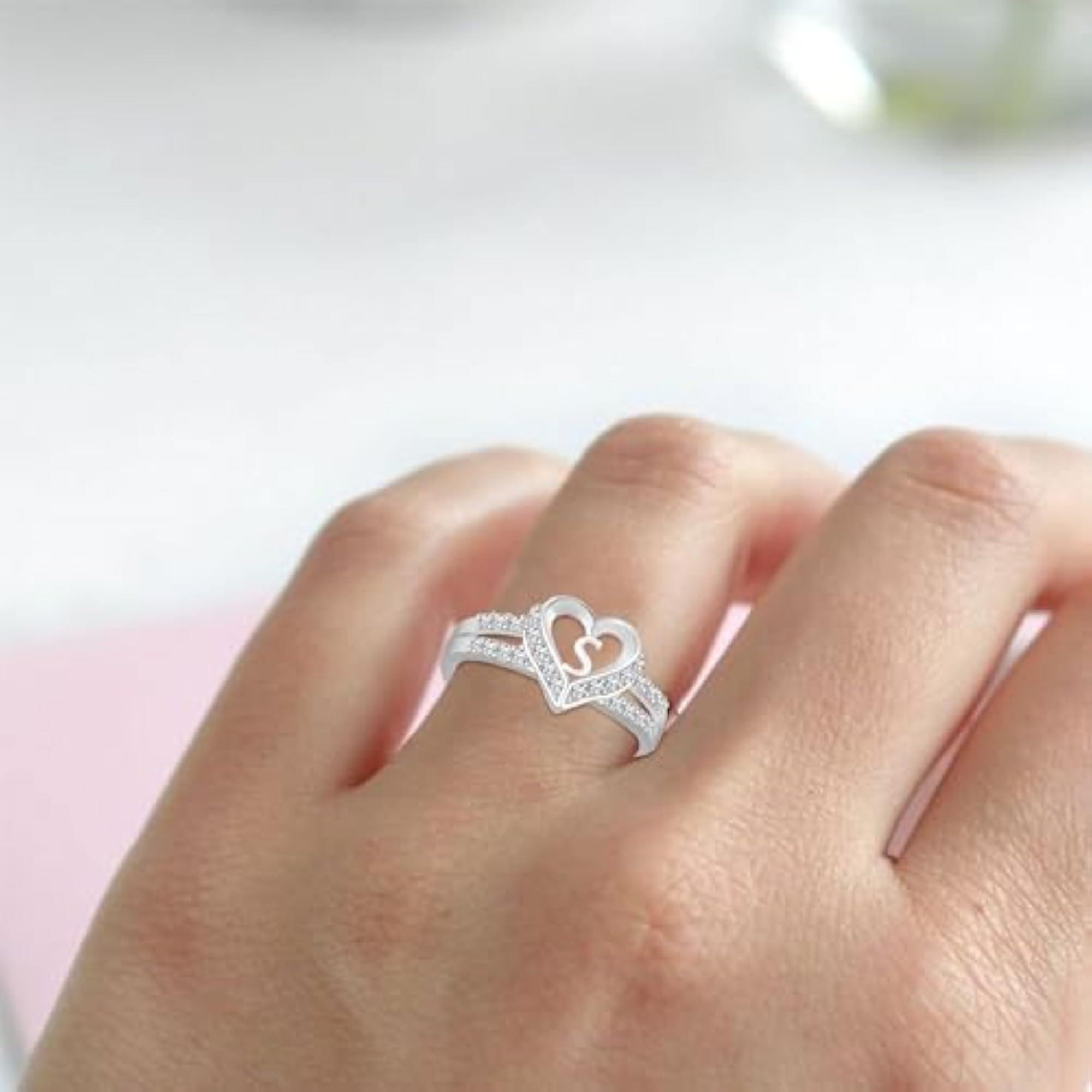 Cubic Zirconia Adjustable Heart Initial Letter Ring with Gift Box