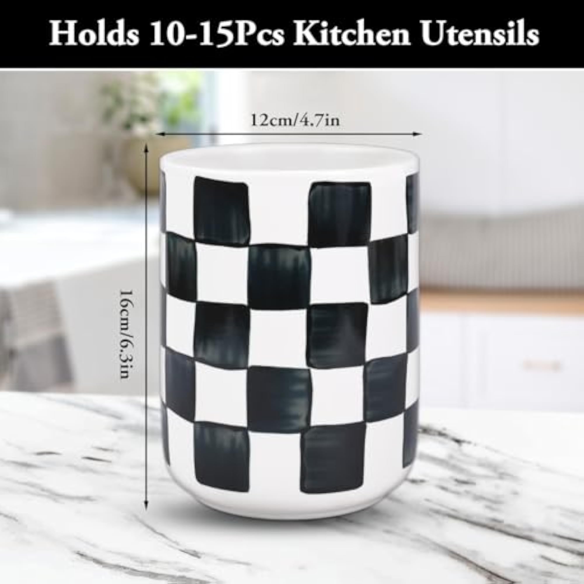 Checkered Ceramic Utensil Holder, 6.3 Inch