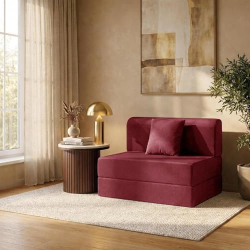 Image of Rosebell One Seater Foldable Sofa Cum Bed (3x6 Feet) Jute Fabric, Washable Removable Cover, | Space Saving Convertible Sofa Bed for Home, Office & Guests - Red