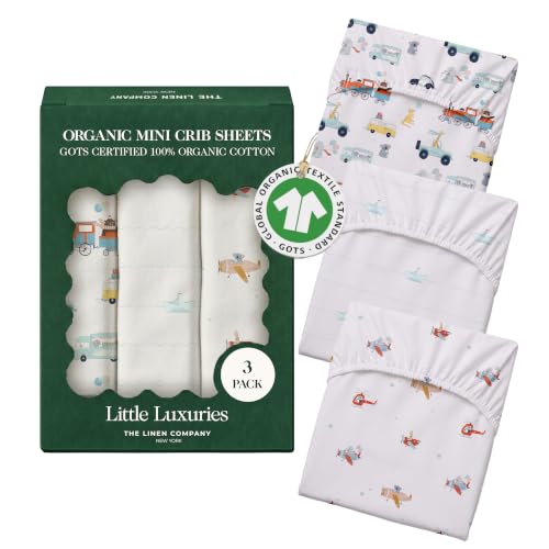 Image of 100% Organic Cotton Mini Crib Sheets (3-Pack) - GOTS Certified, Soft Fitted Sheets for Mini Mattress & Pack n Play, 5 in Deep Pocket with Secure Elastic Fit, Boys & Girls, (27 inch x 39 inch) Tiny Explorers