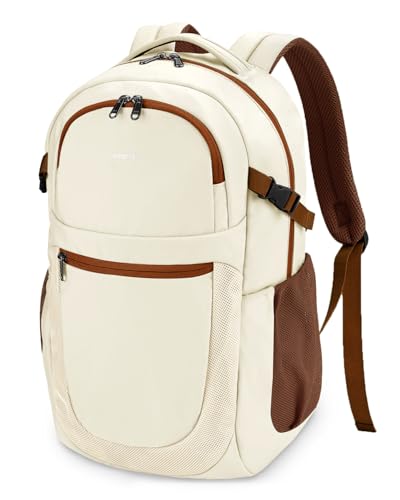 Image of ECOHUB Travel Backpack for Women, 17.3 inch Suspended Laptop Backpack, Fashion Water-Resistant 28L Personal Item Bag with 12 Pockets for Causal, Work, Cream & Brown