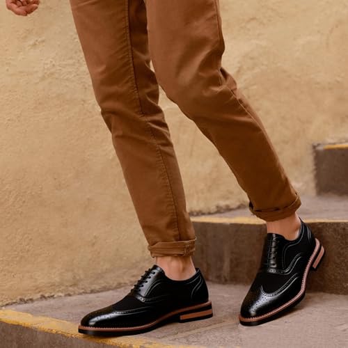 Men's Leather Wingtip Brogue Low Chunky Heel Oxfords Classic Round Head Lace Up Breathable Casual Dress Shoes for Business Formal Party Wedding3