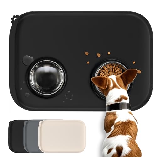 Conlun Tappetino per Cibo di Cane con Tascone Laterale & Foro per Gancetto, Bordi Morbidi Rialzati, Facile da Pulire Impermeabile Antiscivolo in Silicone per Ciotola d'Acqua (46x30cm,Nero)